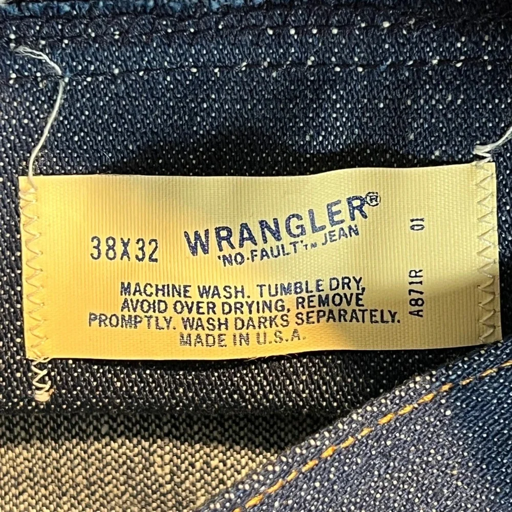 Vintage Wrangler No Fault Jeans Mens 38x32 70s USA Made Dark Wash Indigo Denim